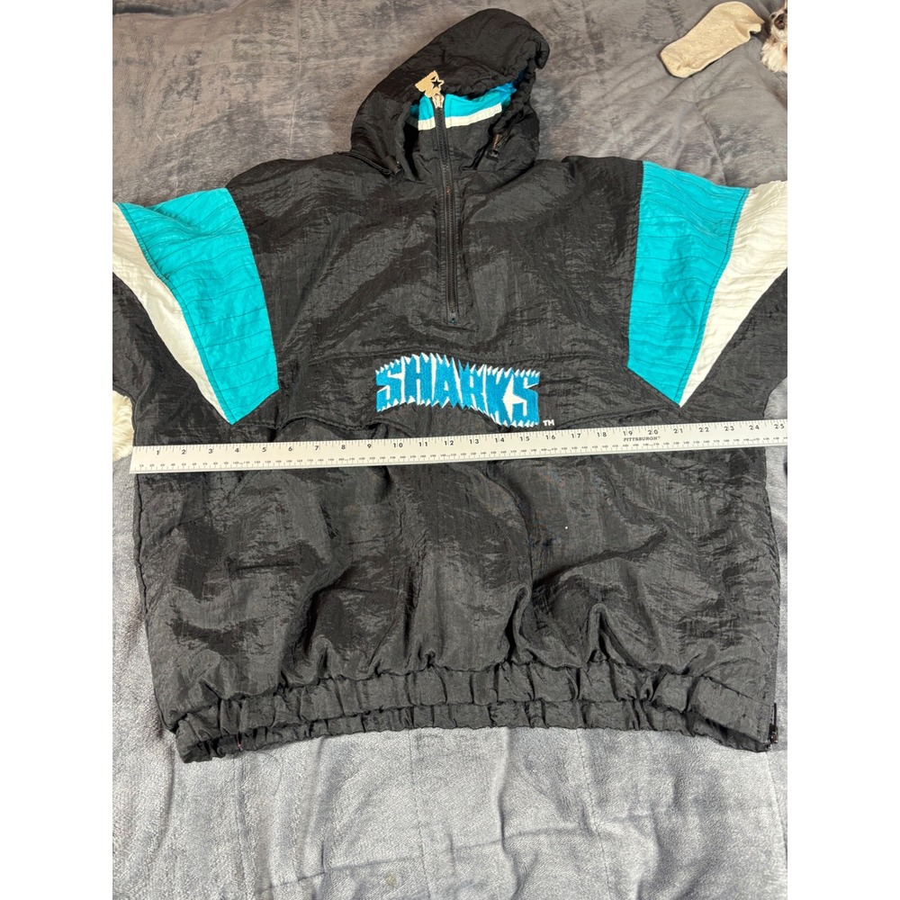 Vintage Starter San Jose Sharks NHL Puffy Pullover Jacket Black Teal Mens Large‎ - Picture 3 of 7